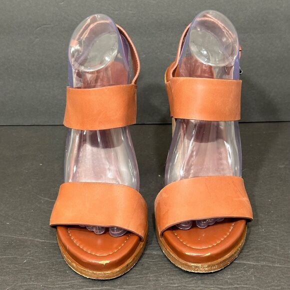 VINCE Haley Heels Women's 9.5 Chunky Block Wood Leather Open Toe Sandals Brown - Picture 2 of 11